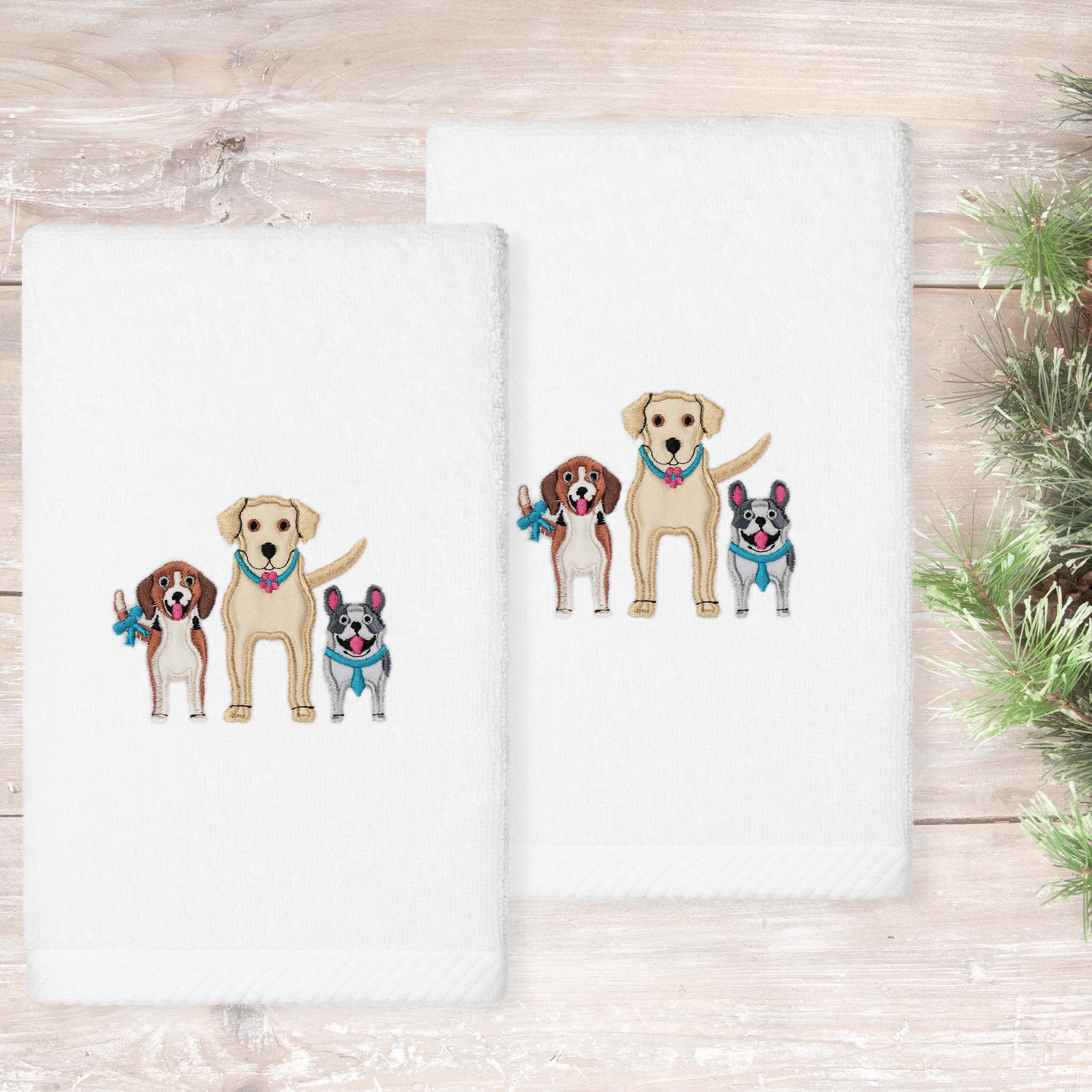 Linum Home Textiles Dogs - Embroidered Luxury 100% Turkish Cotton Hand Towels (Set of 2)