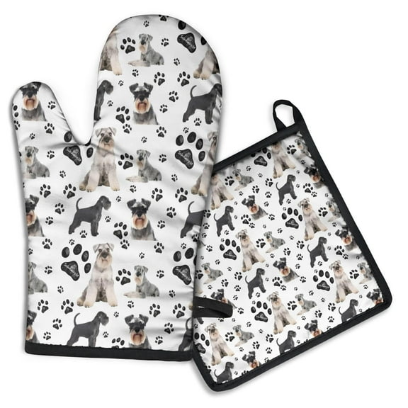 Schnauzer Dogs with Paw Kitchen Oven Mitt and Pot Holder Sets 2 Pcs for Baking, Cooking and Grilling, Heat Resistant Up To 392 °F