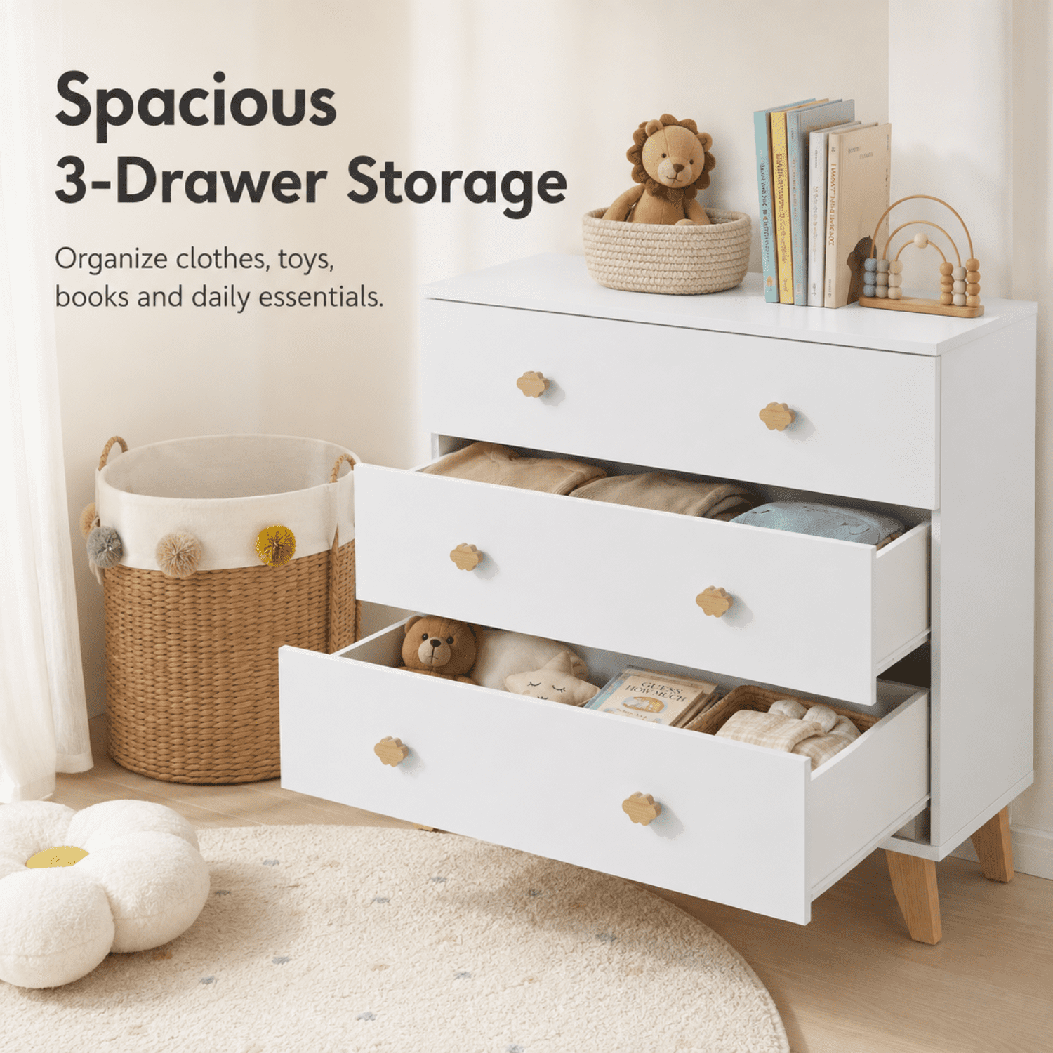Miniyam 3-Drawer Dresser, Storage Chest with Cloud-Shaped Pine Handles for Bedroom, Nursery and Kids Room, Soft White