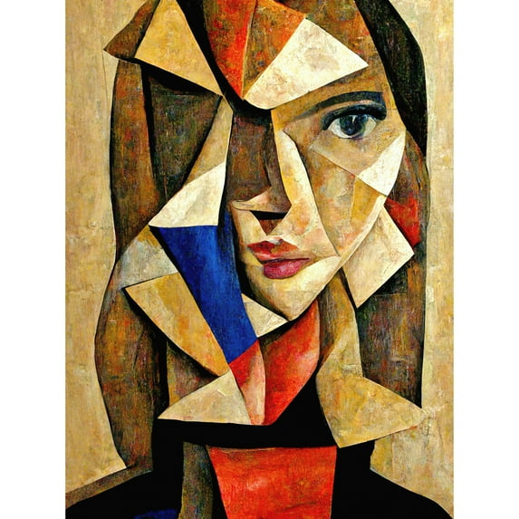 Painting Cubism Style Portrait Of Young Woman Beige And Brown Unframed Wall Art Print Poster Home Decor