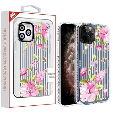 Apple iPhone 11 PRO MAX Phone Case Clear Bling Diamonds Rhinestone with Flowers Floral Printed Hybrid Rigid Back Plate TPU Cover Shockproof Protective Grip [Pink Periwinkle] for iPhone 11 Pro Max