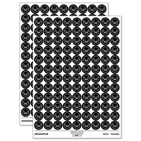 Kawaii Cute Derpy Crazy Face 200  Round Stickers - Black - Gloss Finish - 0.50" Size