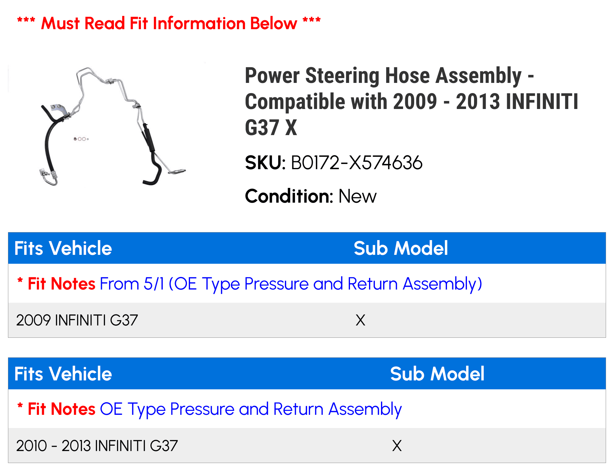 Power Steering Hose Assembly - Compatible with 2009 - 2013 INFINITI G37 X 2010 2011 2012