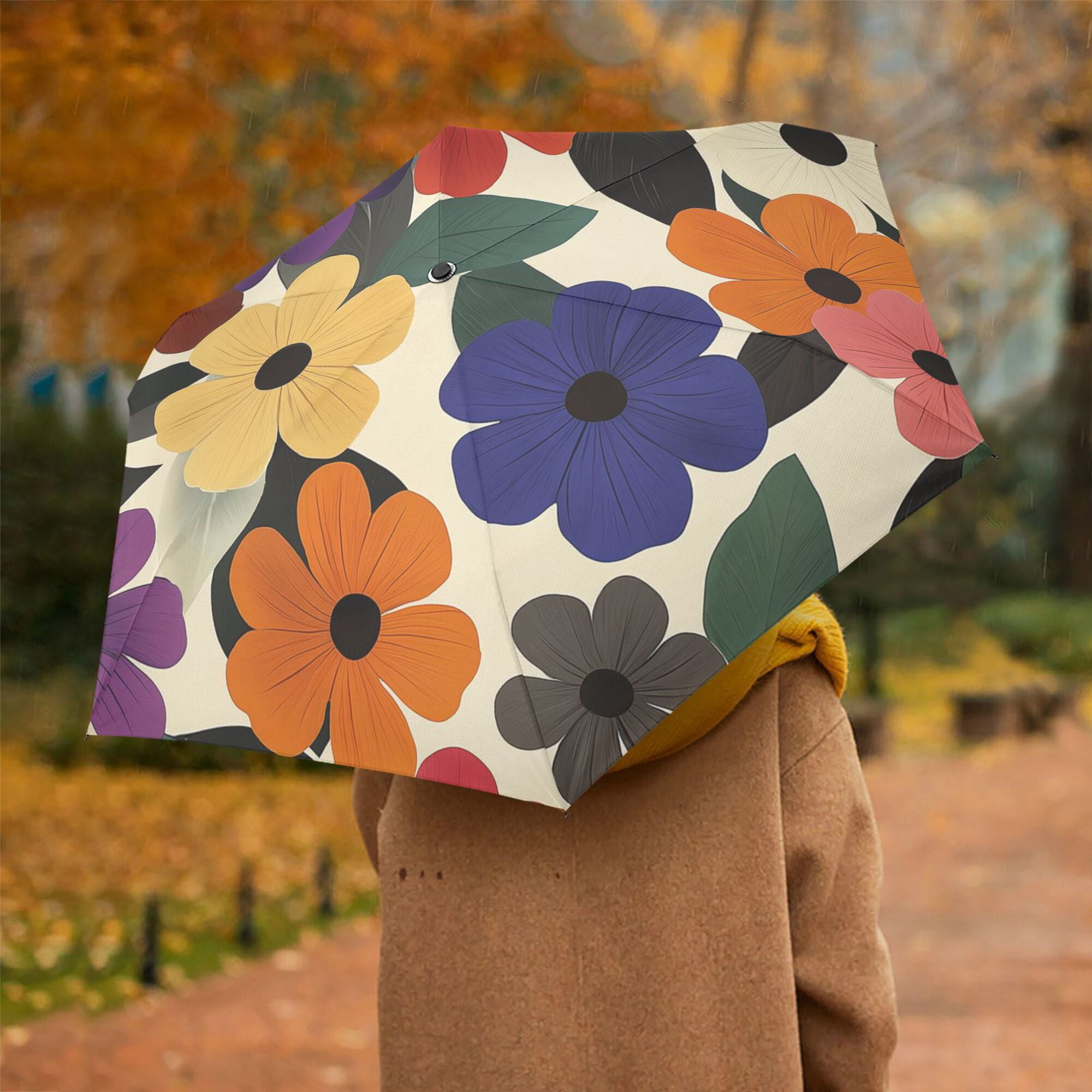 FORMRS Travel Umbrella Folding Auto Open Close Windproof Rain UV Protection, Large Colorful Flowers Pattern