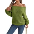 thumbnail image 3 of Crochet Tops for Women Off the Shoulder Sweaters Summer Long Sleeve Hollow Out Knit Beach Clothes Green S, 3 of 9