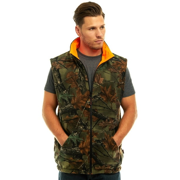 TrailCrest MEN'S REVERSIBLE CAMO & BLAZE ORANGE FLEECE HUNTING VEST FULL ZIP WARM VEST