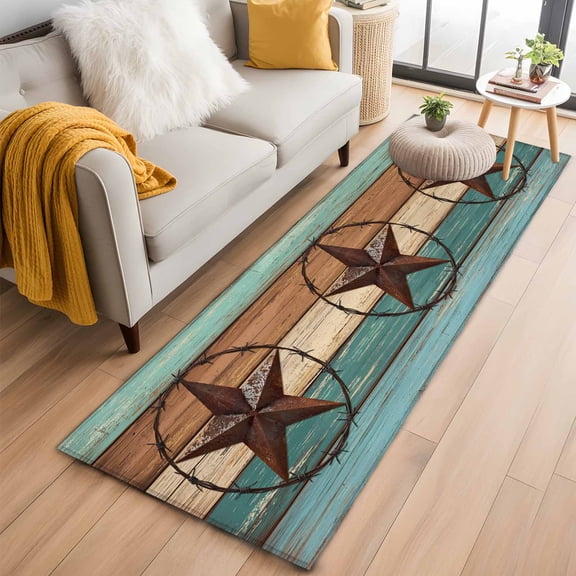 Hallway Runner Rug 2'x6', Vintage Teal Long Non-slip Runner Rugs, Brown Western Texas Barn Star Wood Grain Outdoor Indoor Throw Floor Carpet Mat for Living Room/Bedroom/Kitchen/Office/Laundry