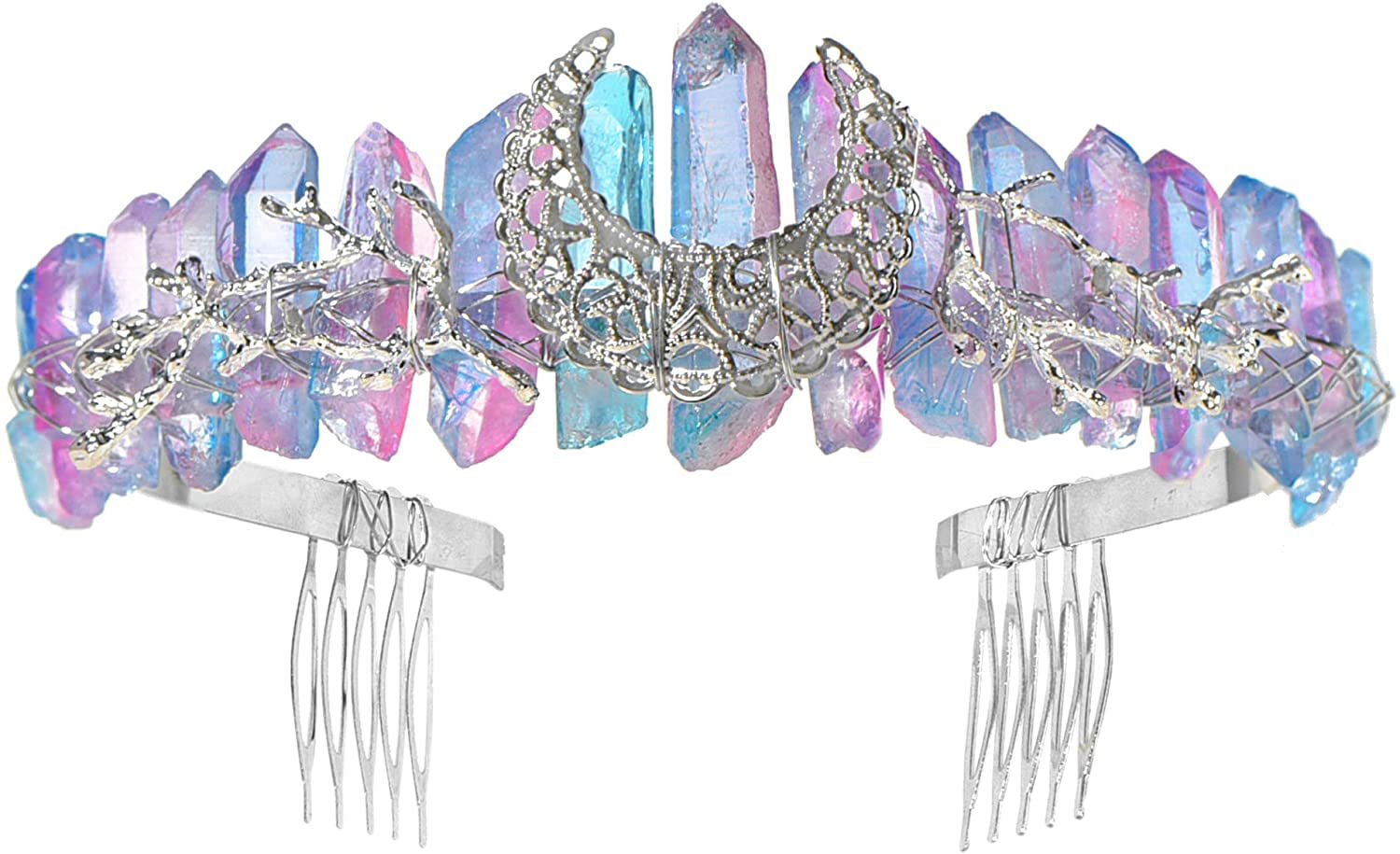 The Aura Quartz Witch Crystal Crown Moon Goddess Crown Crystal Frontlet Pendant Mermaid Tiara Wedding Fairy Festival Headband 