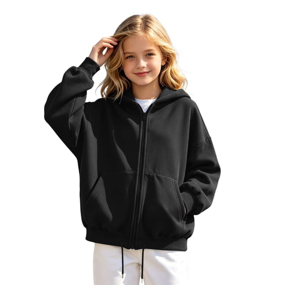 Kiijoy Zip Up Hoodie for Girls Kids Fleece Loose Sweatshirt Jacket, Black, Sizes 3-4T