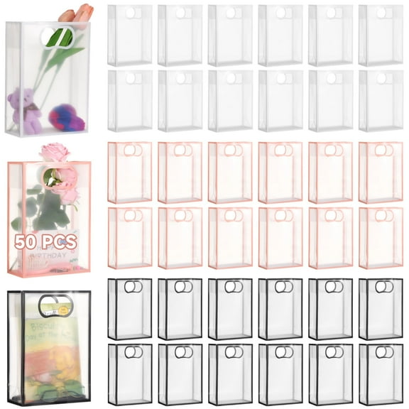 50 PCS Clear PP Plastic Gift Bags with Handles, 10.2" x 3.1" x 7.1", Perfect for Gift Wrapping, Toys, Party Favors, and More
