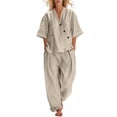 thumbnail image 2 of YABCSAZ Women's Cotton Linen 2 Piece Outfit V-Neck Top and Wide Leg Pants Set Casual Summer Matching Suit Lightweight Breathable Loose Fit Two Piece for Daily Wear Beige, Gifts for Women, 2 of 8