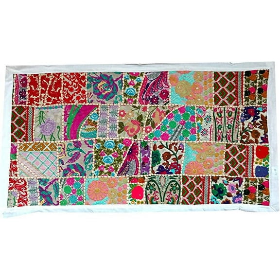 Rastogi Handicrafts Indian Handmade Embroidered Patchwork Old Hanging Wall Art Vintage Tapestry Old Sari Cutting Wall Hanging Parda (White, 20 X 40 INCH)