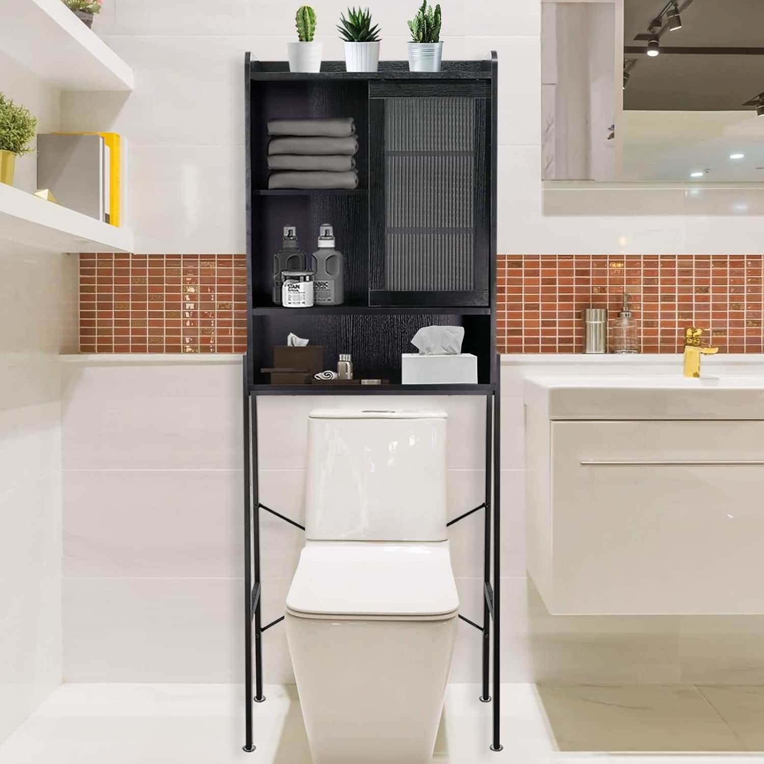Reliancer Over The Toilet Storage Cabinet with Adjustable Shelves, Bathroom Space Saver Organizer Shelves, Freestanding Space Saver with Acrylic Sliding Door, Metal Frame, Black