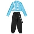 thumbnail image 4 of YONGHS Kids Girls Hip Hop Dance Costume Outfits Long Sleeve Sequin Crop Top with Cargo Pants Set Blue 6, 4 of 5