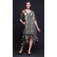 thumbnail image 3 of Bimba Cotton Gray Leaves & Flower Floral Women s V Neck Asymmetrical Pocket ShiftÂ&nbsp;DressÂ&nbsp;Short Sleeve MidiÂ&nbsp;Dress-Small, 3 of 4
