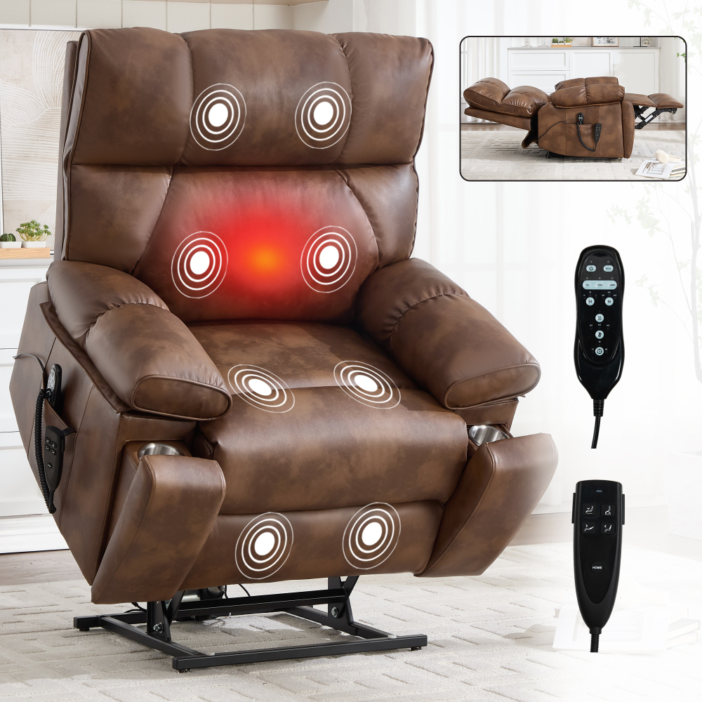 Heavy Duty Power Lift Recliner 350LBS,  Light Brown Leatheraire with Heat Massage, Infinite Positions & Hidden Cup Holders