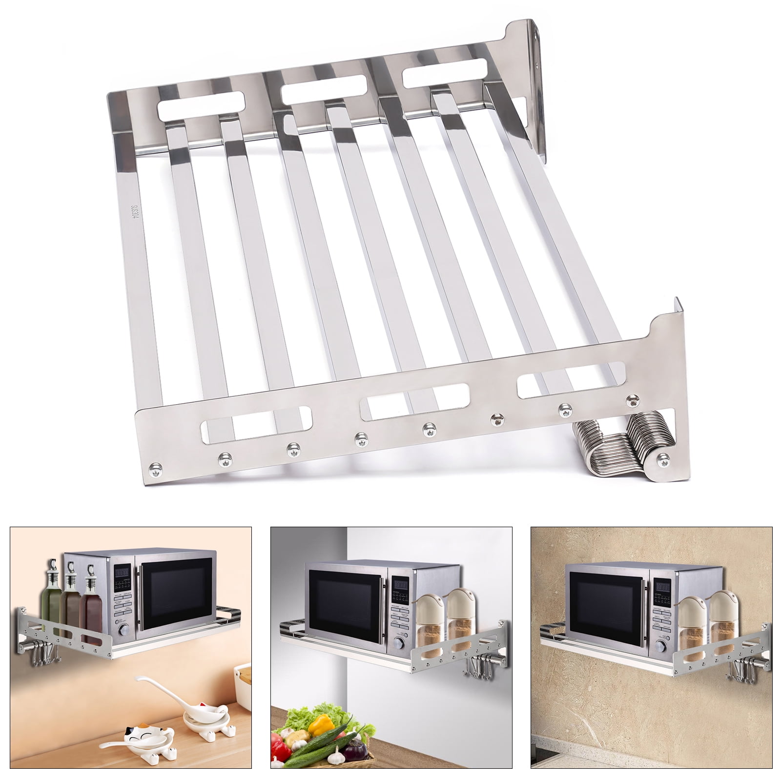 Loyalheartdy Wall Mount Microwave Oven Bracket 201 Stainless Steel Wall Seasoning Shelf w/ 12 Hooks for Kitchen (Silver)