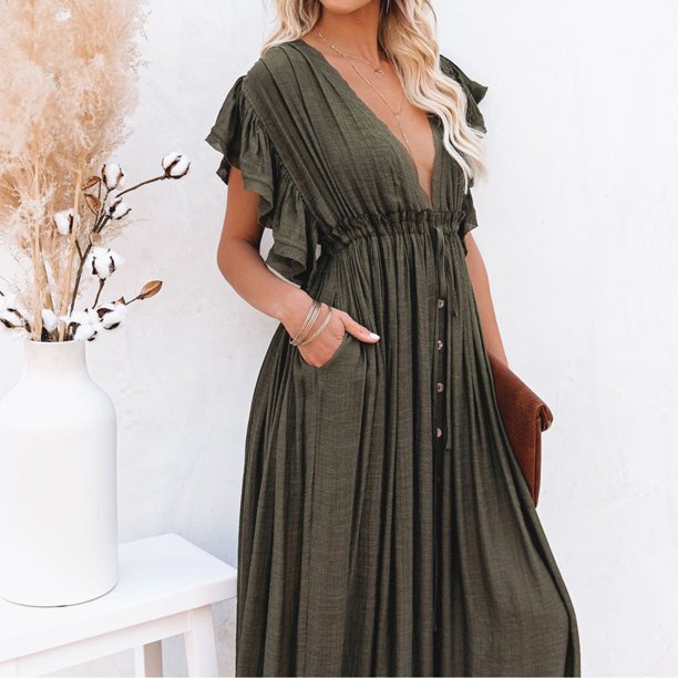 Vestido Vestido largo informal para mujer, sin espalda, suelto, largo, con volantes, manga, traje de vacaciones Cgtredaw ejercito verde Única para Mujer