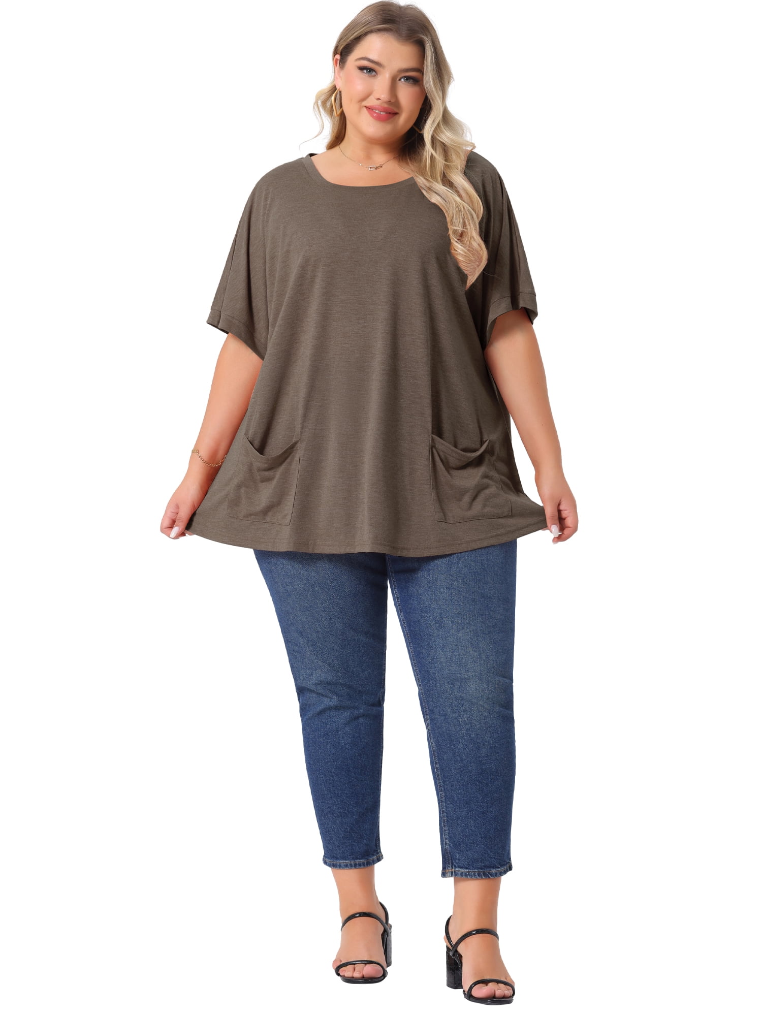 DARING DIVA Women's Plus Crew Neck Loose Fit T Shirt with Pocket Casual 2X Coffee
