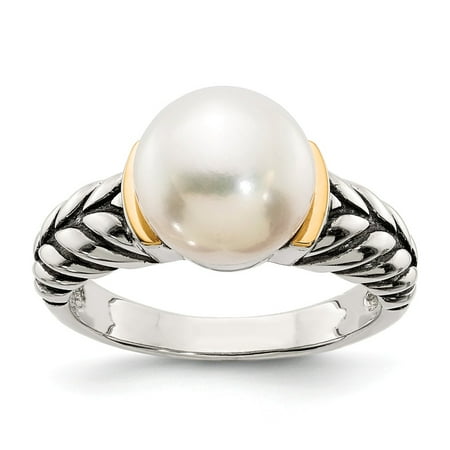 Roy Rose Jewelry Sterling Silver with 14K Yellow Gold 10mm Button Freshwater Cultured Pearl Ring Size 8