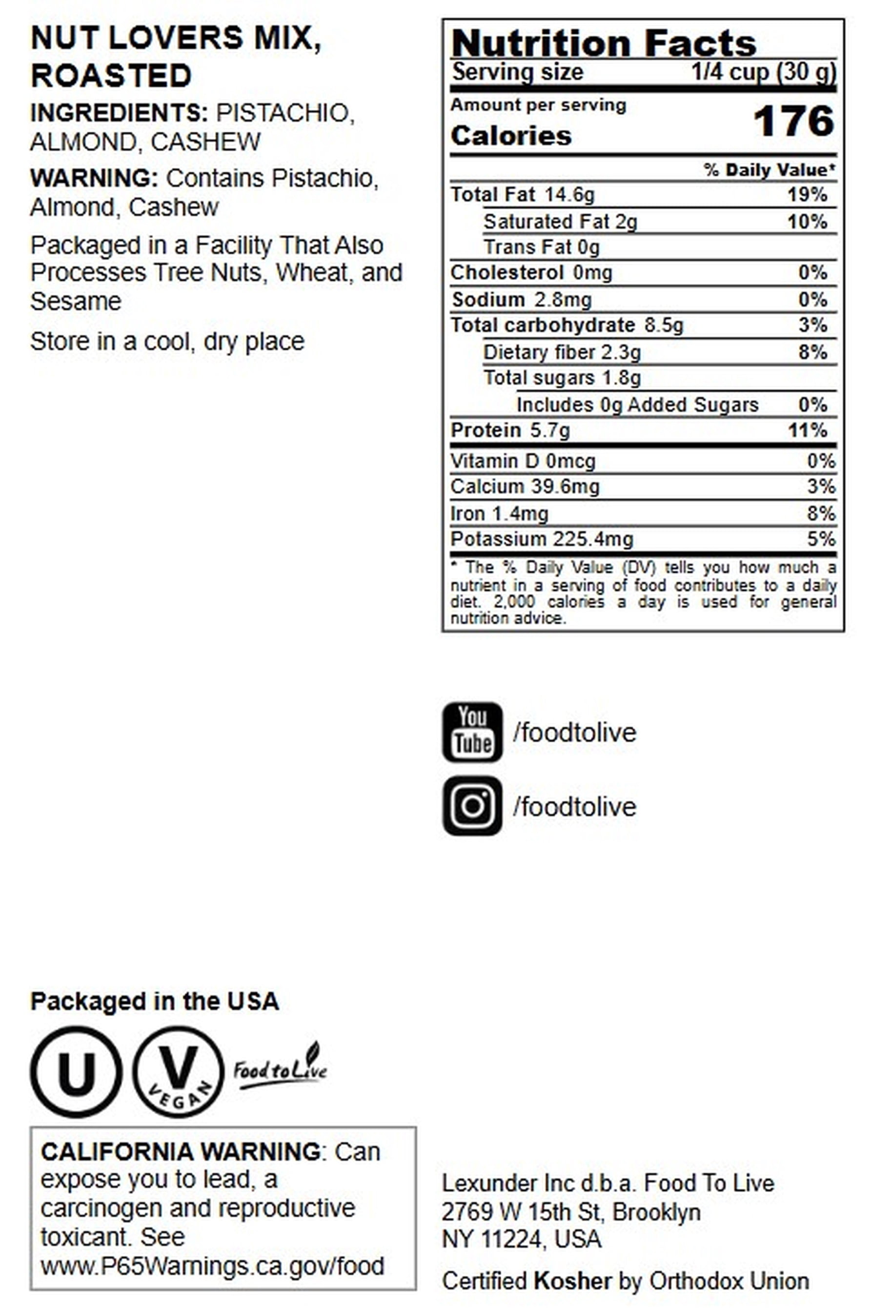 Nut Lovers Mix, 2 Pounds – Vegan, Kosher, Bulk – by Food to Live