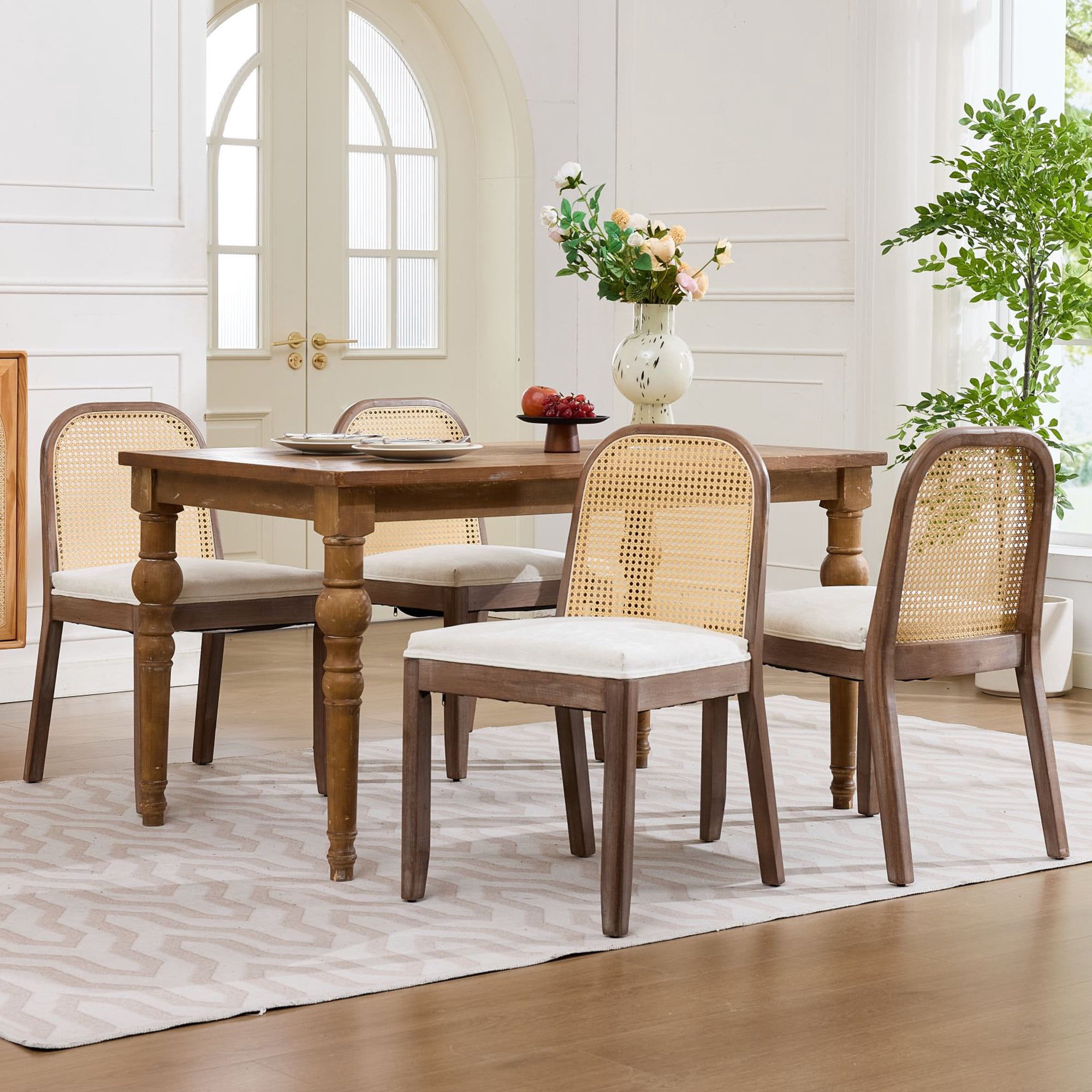 PORKISS Dining Chairs Set of 2, Upholstered Kitchen Chairs with Rattan Back, Mid-Century Solid Wood Dining Room Chairs with Thick Chenille Cushion, Beige