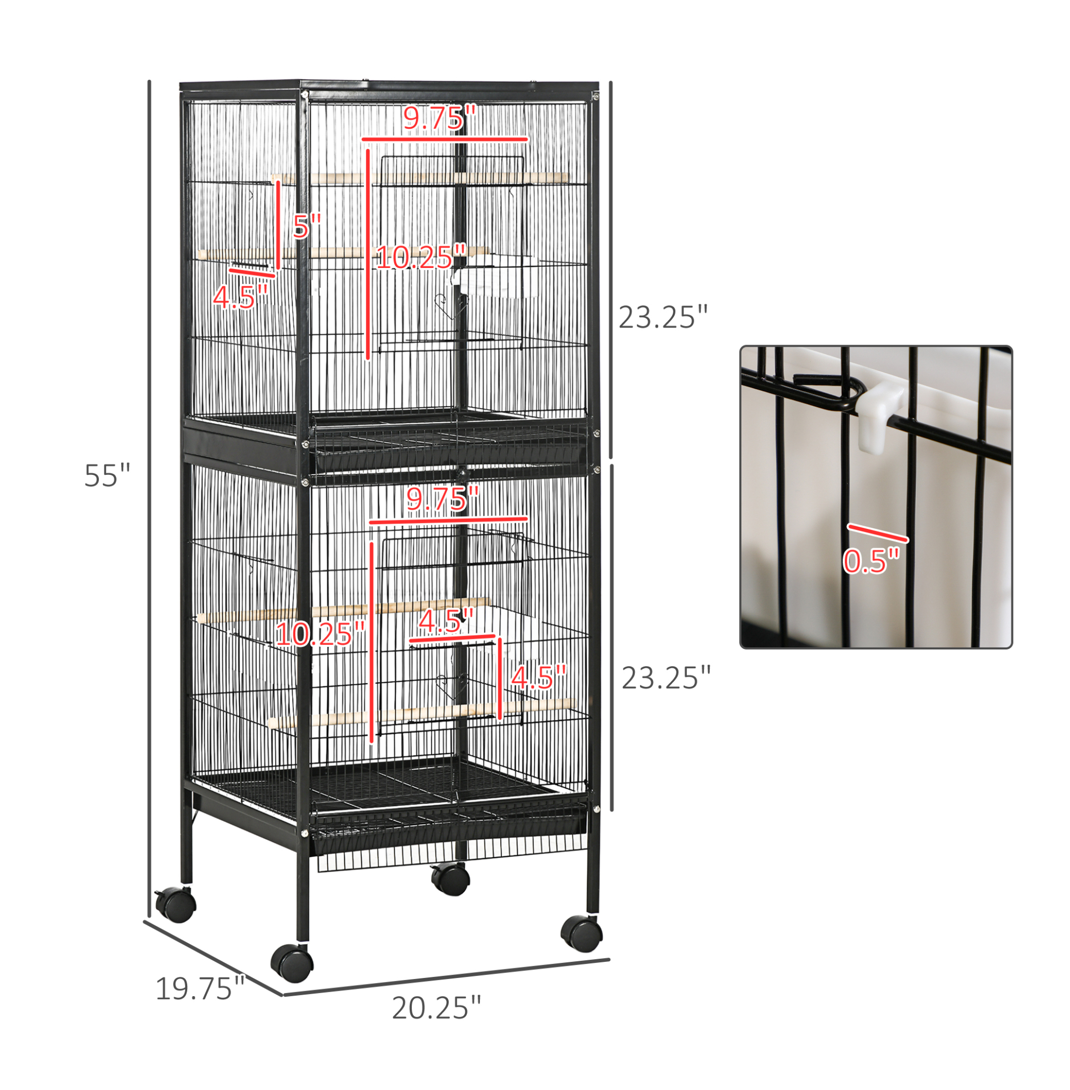 Large Bird Cage 55" with Wide 1.7ft Wingspan, Multi-Door Aviary for Canary, Finch, Conure - Black