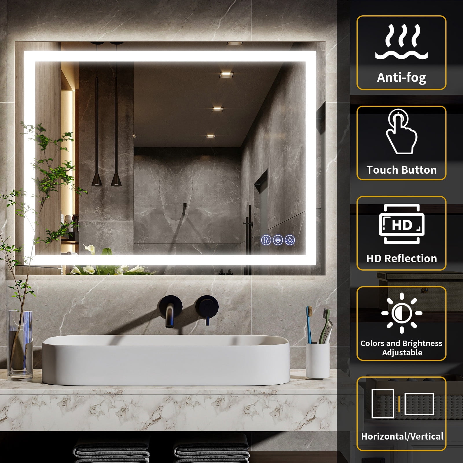 Easy4Home 40"x30" LED Bathroom Mirror Wall Mounted Anti-Fog Vanity Mirror with Adjustable Lights, White