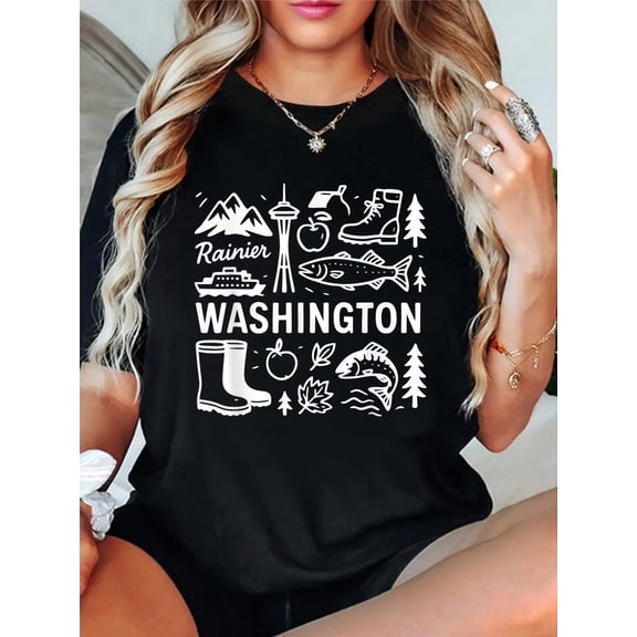 Washington USA State Symbols Vintage Souvenir Cute Doodle T-Shirt Graphic Tee summer Tops For Women Round Neck Fashion Cotton shirts