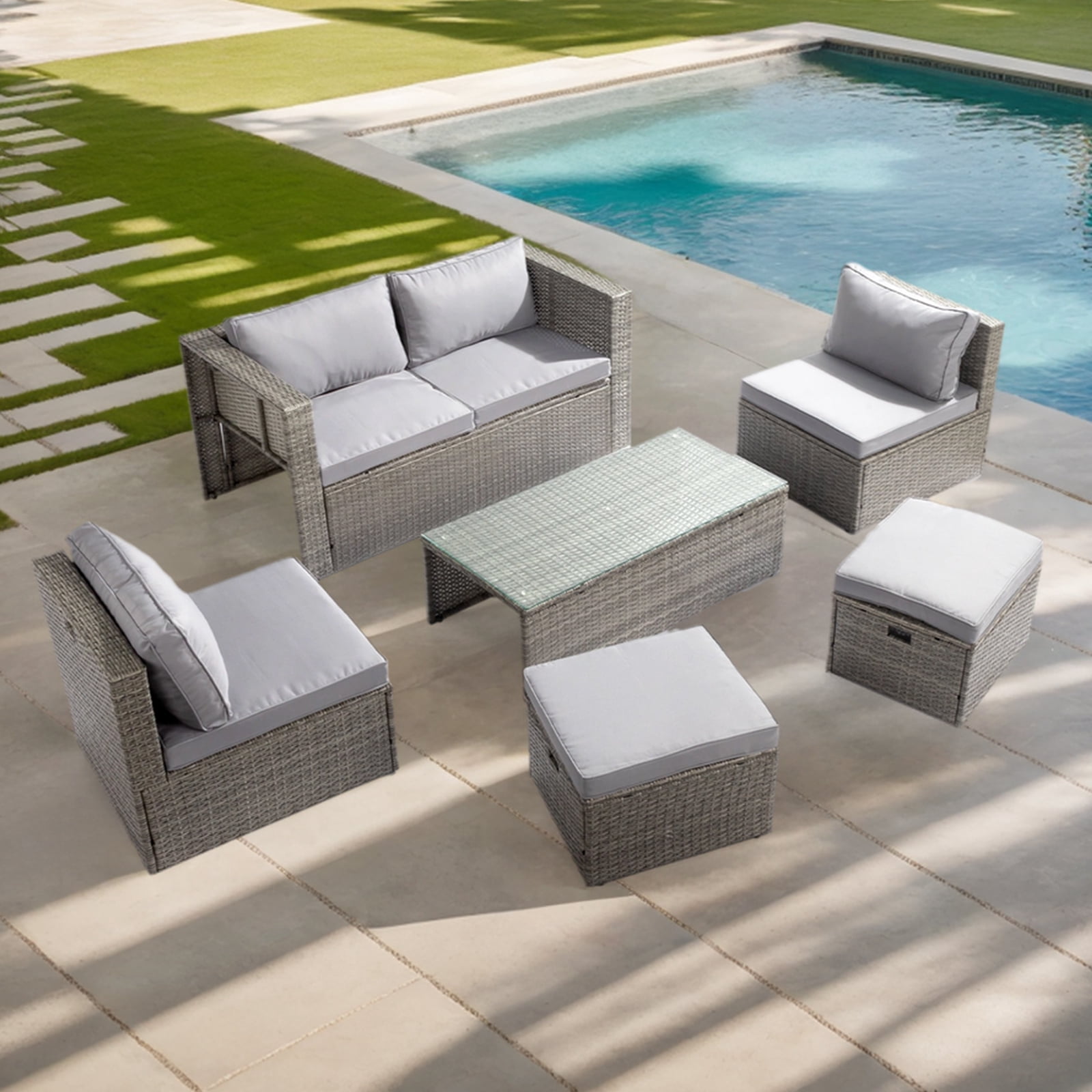 Ktaxon 7-Piece Modular Patio Sectional Set, All-Weather Rattan Set Grey Cushions