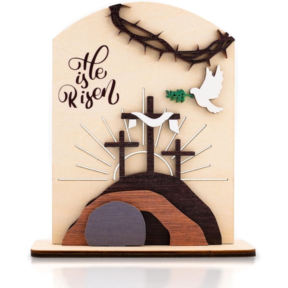 WEIH He is Risen Easter Resurrection Decor - 5.9 INCH Wooden Easter Decorations for Home - Empty Tomb Religious Resurrection Set Decoration for Table, Desk, Home Office Tabletop Decor