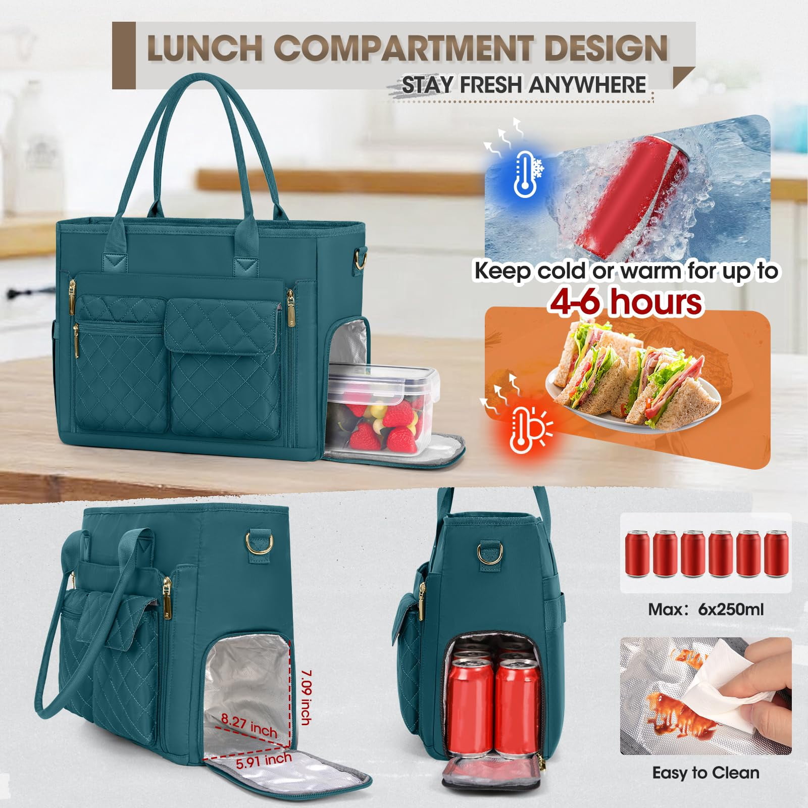 Teacher Tote Bag With Insulated Lunch Compartment 15.6 Inch Laptop For Women Lightweight Work Bags Nurse