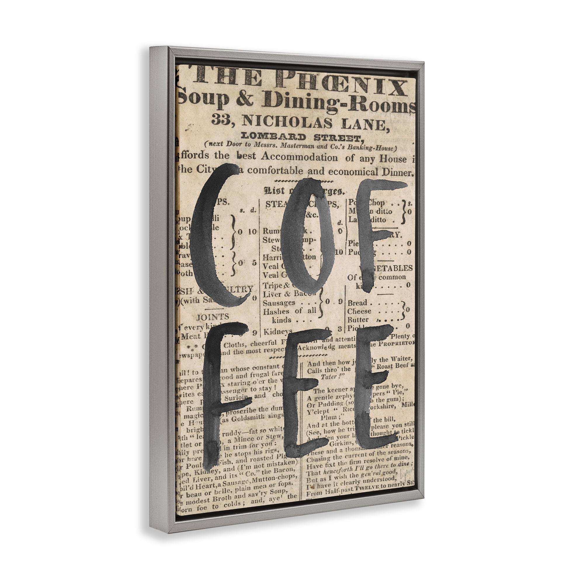 Stupell Industries Vintage Coffee Newspaper Gray Framed Floater Canvas Wall Art, design by Lucille Price