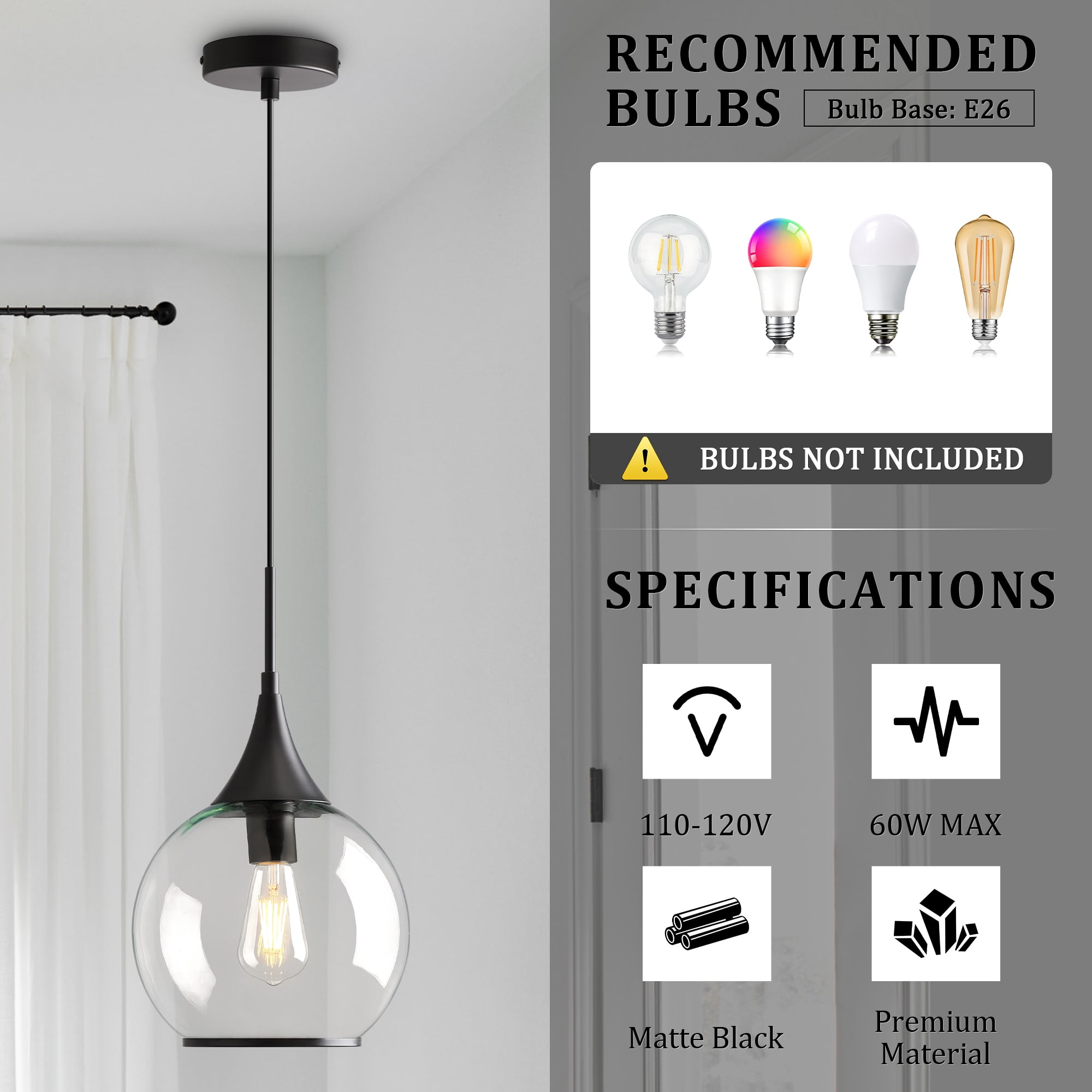 KAISITE Modern Pendant Light Fixture Dimmable Kitchen Island Hanging Ceiling Lights with Glass Shade-Black
