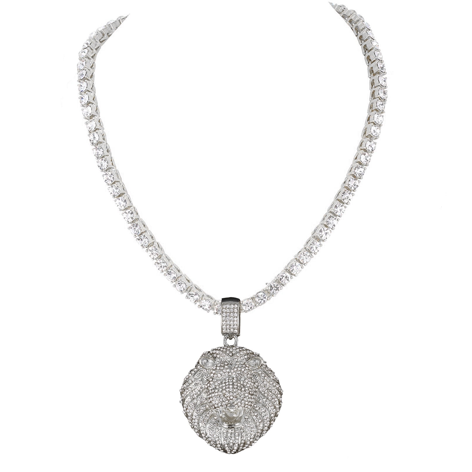 Charles Raymond Iced Out Lion Pendant on Tennis Chain for Men or Women - Bling'ed Out Hip Hop Jewelry on Blast! - Gold or Silver and Size Your Choice – TN001 Lion (Silver 16')