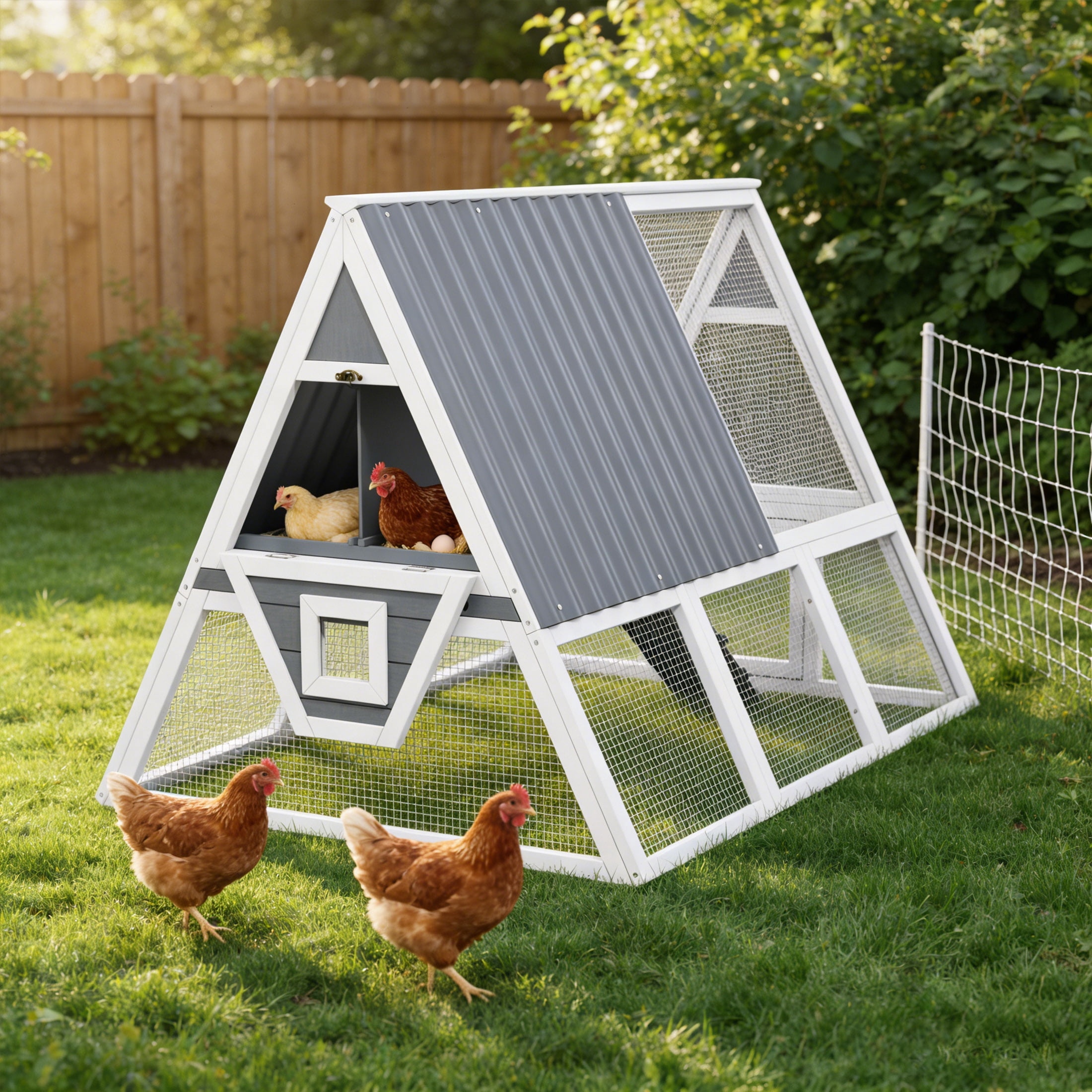 Large Weatherproof Triangular Chicken Coop with Nesting Box & Tray, Spacious Run, White and Gray