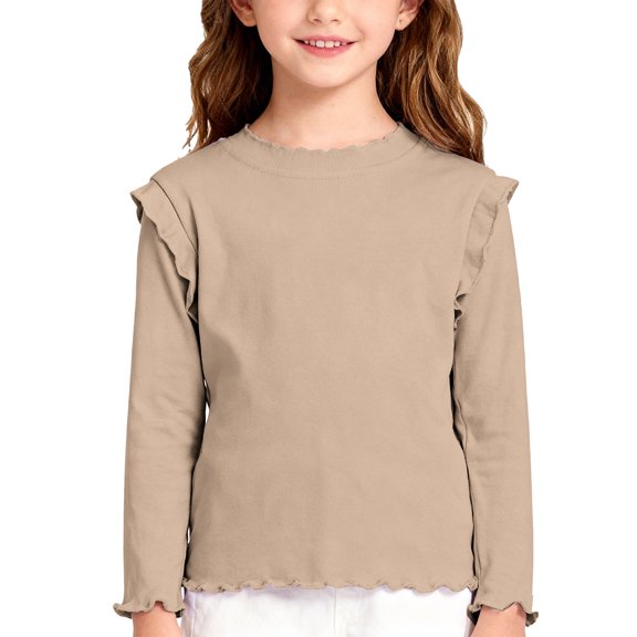 Ruyang Kids Cute Ruffle Shirt Girls Long Sleeve Crewnck Base Layer Tops Plain Soft Cotton Casual Athletic Tshirt