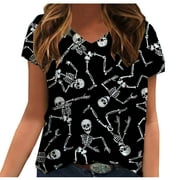 YFPWM Halloween Costumes for Women Paint Graphic T-shirt off Shoulder Skeleton Print T-shirt Skull Graphic T-shirts V-Neck Short Sleeve Print T-shirt