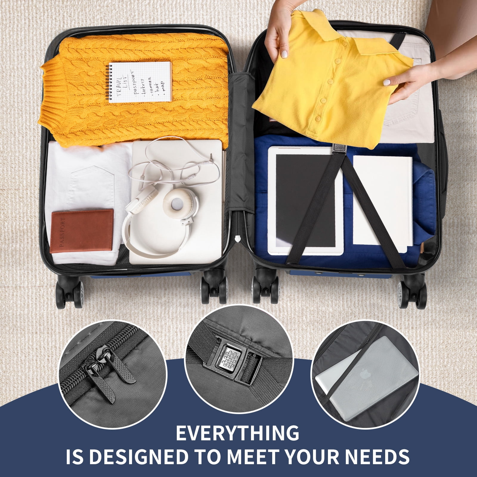 Zimtown 3 Piece Hardshell Luggage Set, ABS+PC Nested Spinner Suitcase Luggage Set With TSA Lock, Navy Blue