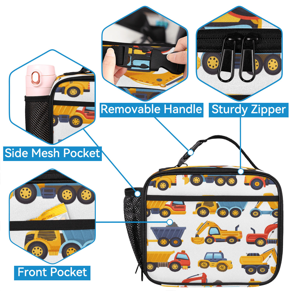 Herdesigns Tractors Trucks Excavator Large Backpack Set with Lunch Box Lightweight Water Resistant Travel Laptop Backpacks Casual Daypacks for Women Men