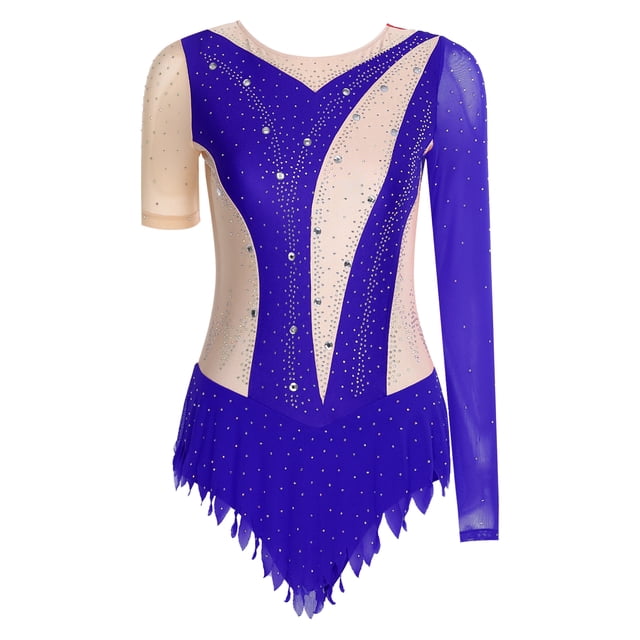 iiniim Justaucorps de Gymnastique Rythmique pour Femmes Manches Irrégulières Robe de Patinage Artistique Bleu L