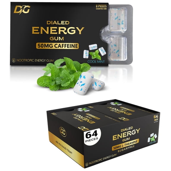 Dialed Energy Caffeine Gum (64pc) | 50mg Natural Caffeine | Sugar Free Chewing Gum with L-Theanine   Taurine | Aspartame Free, 0 Calories | Xylitol Gum | (Cool Mint)