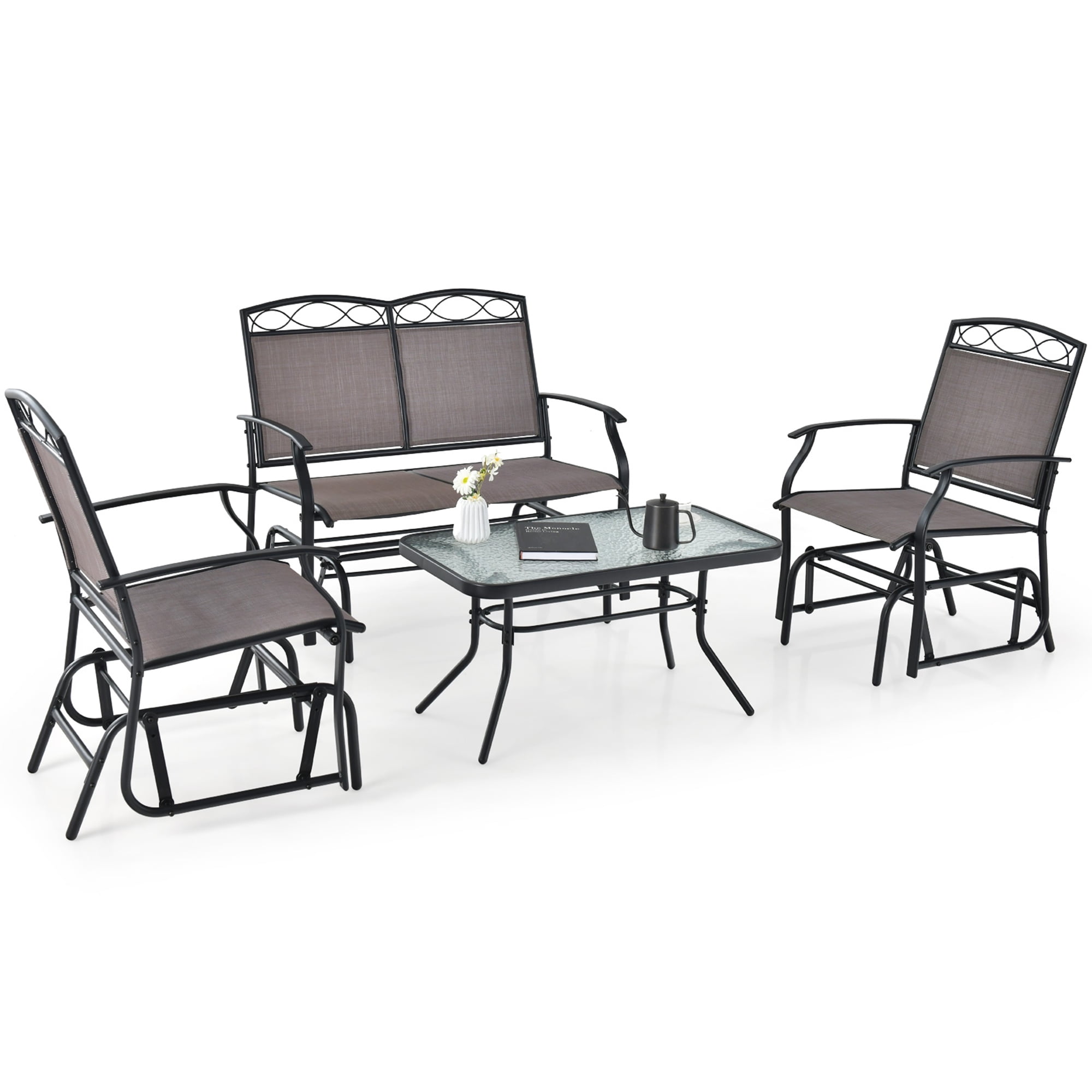 Gymax 4PCS Outdoor Glider Chair & Table Set Patio Conversation Furniture Set