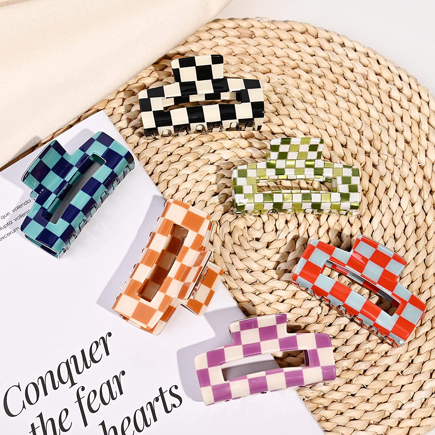 Checkered Hair Claw Clips, 6 Pack Large Banana Clips for Thick Hair Y2K