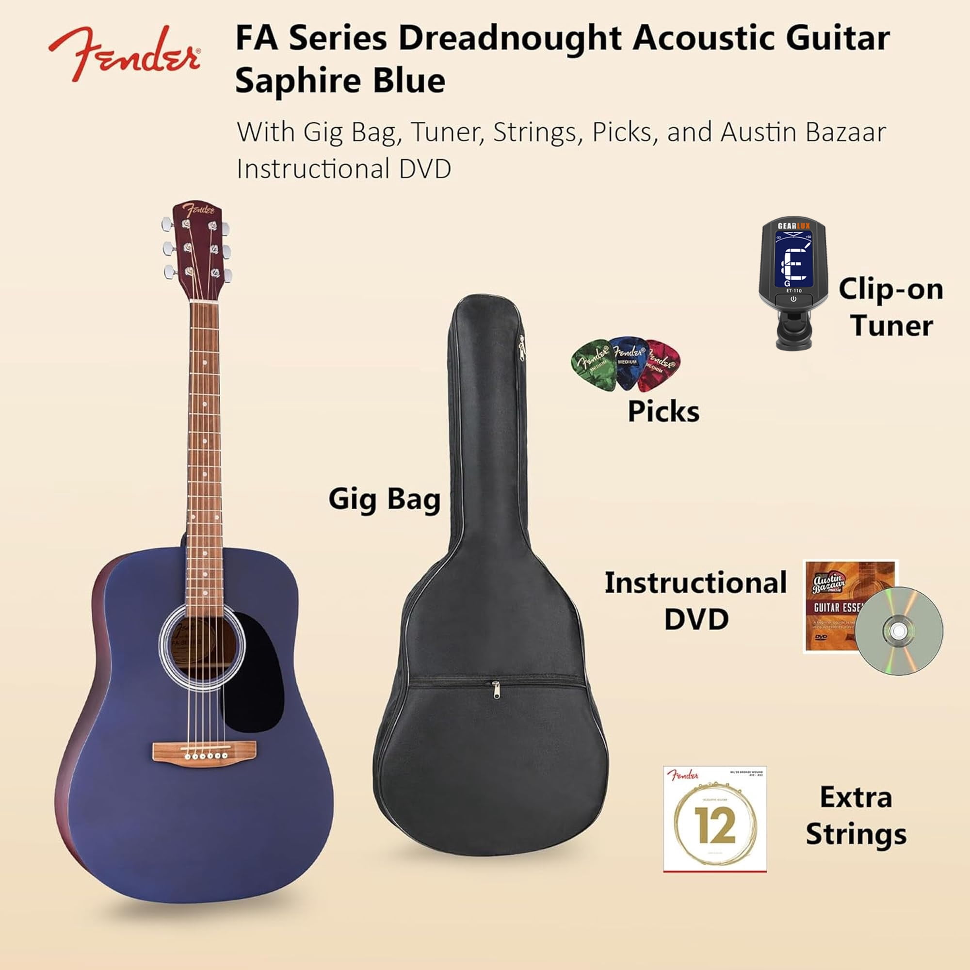 Fender FA Series Dreadnought Acoustic Guitar - Saphire Blue w/ Gig Bag
