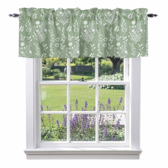 Spring Wildflower Valances for Windows, Rustic Grasses Leaves Butterfly Country Sage Green Valance Window Treatment Rod Pocket Short Curtains Valances for Kitchen Bathroom 42"W x 18"L