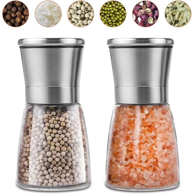 2Pcs de Molinillo Manual de Sal y Pimienta, Moledor de Especias de Acero Inoxidabley Vidrio con Rudeza Ajustable para Pimienta, Especias o Sal Marino (5.5 oz/160 ml)