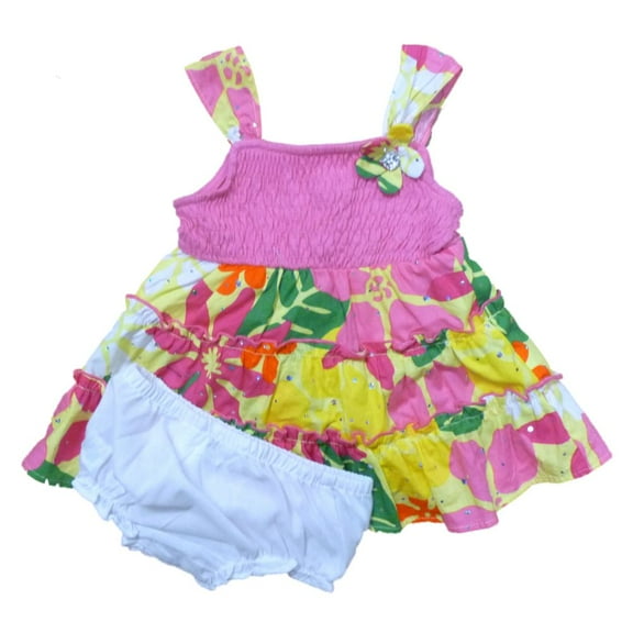 Youngland Infant Girls Pink Flower Sequin Ruffled Tiered Dress Sun dress 12m