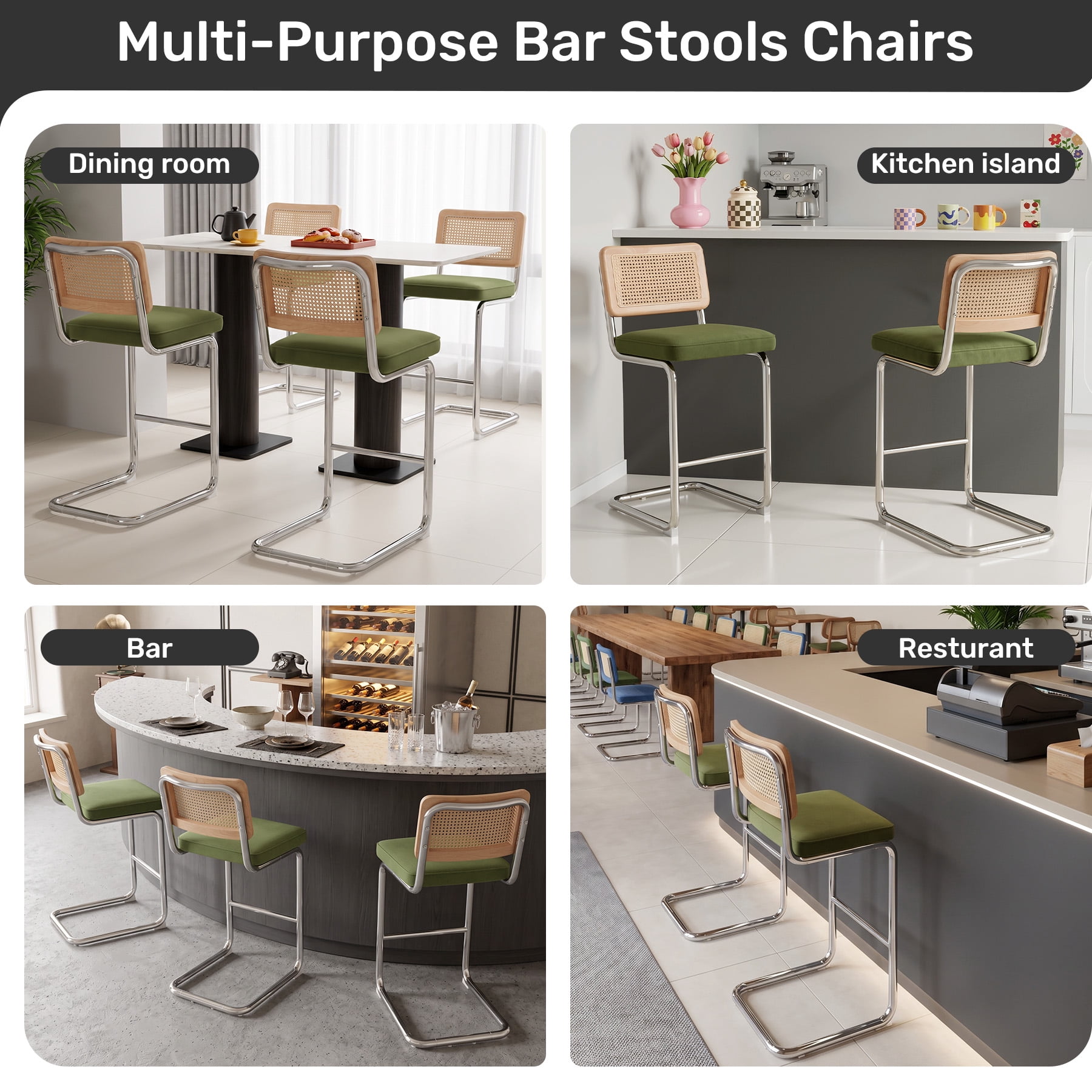 MOONMISS 25.6″ Bar Stools Set of 4,Velvet Counter Height Chairs with Rattan Back & Metal Legs,Mid Century Cantilevered Design for Kitchen Island,Green
