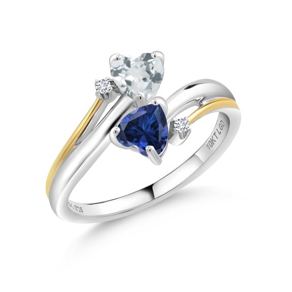 Gem Stone King 0.94 Ct Sky Blue Aquamarine Blue Created Sapphire 925 Silver and 10K Yellow Gold Lab Grown Diamond 2 Heart Promise Couple Engagement Mother Ring (Size 9)